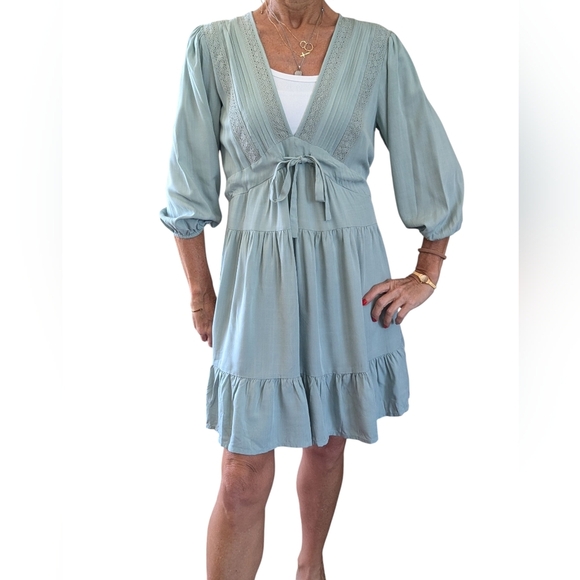 Baltic Born Amelia Sage Green Mini Dress Boho Tiered Ruffle Hem Size S - Picture 1 of 9